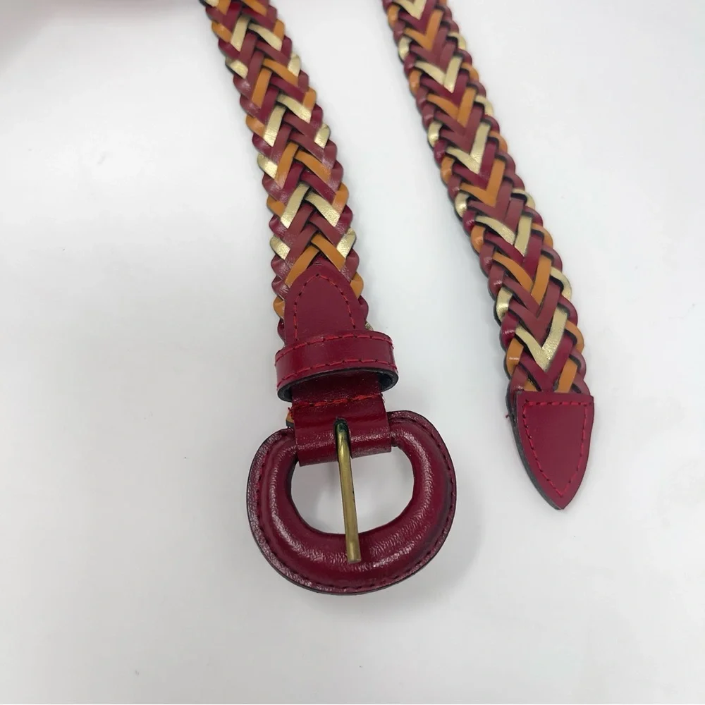 Vintage Woven Leather Belt, Multi Color Red leather Buckle,‎ Boho Statement